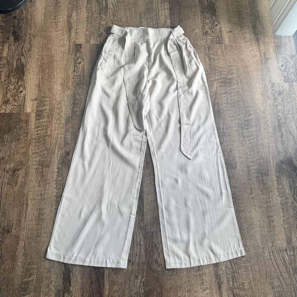 Wide Leg Tie-Waist Pants in Light Beige